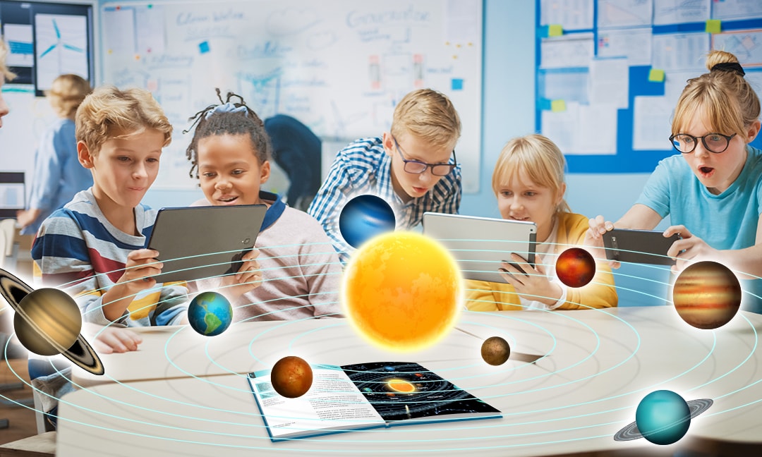 Schoolchildren Use Digital Tablet Computers and Smartphones with Augmented Reality Software