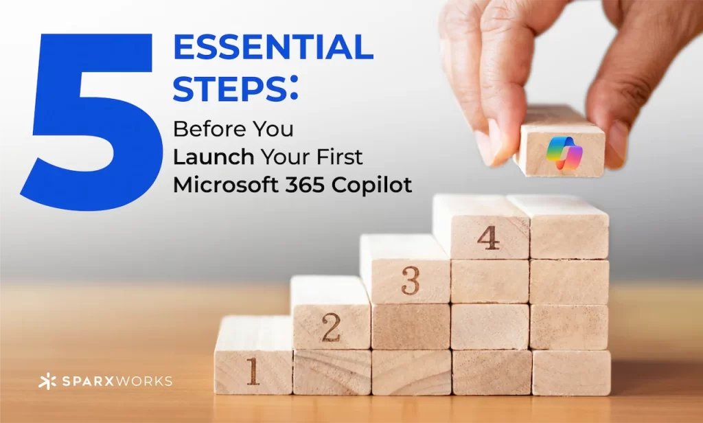 Hand placing a wooden block atop numbered steps, symbolizing essential steps for Microsoft 365 Copilot launch.