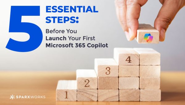 Hand placing a wooden block atop numbered steps, symbolizing essential steps for Microsoft 365 Copilot launch.