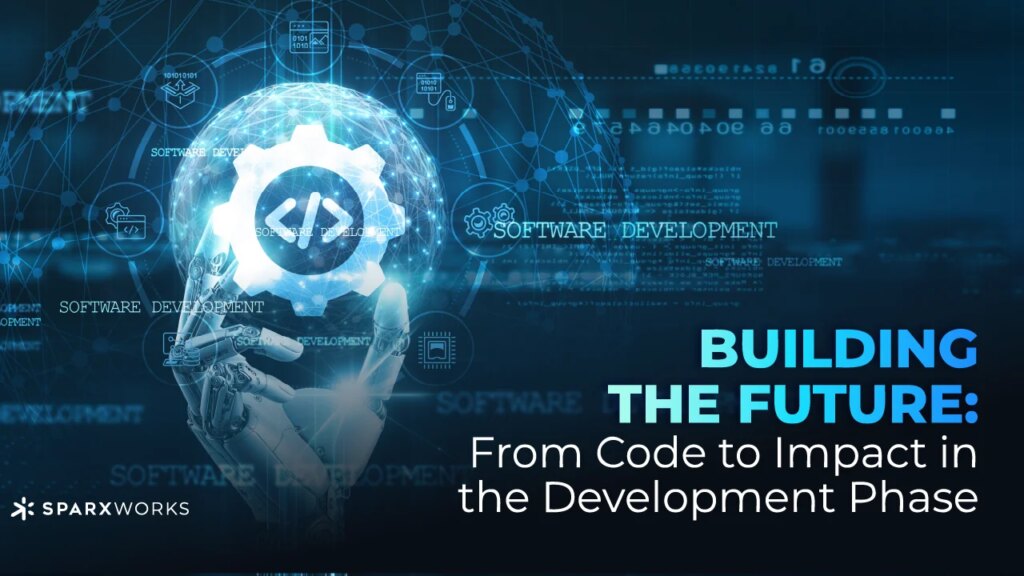 Software development, technology integration, automation, Hands of robot hold software development network connection, code management, programming, testing, and development tools technology.