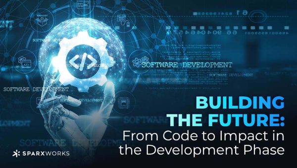 Software development, technology integration, automation, Hands of robot hold software development network connection, code management, programming, testing, and development tools technology.
