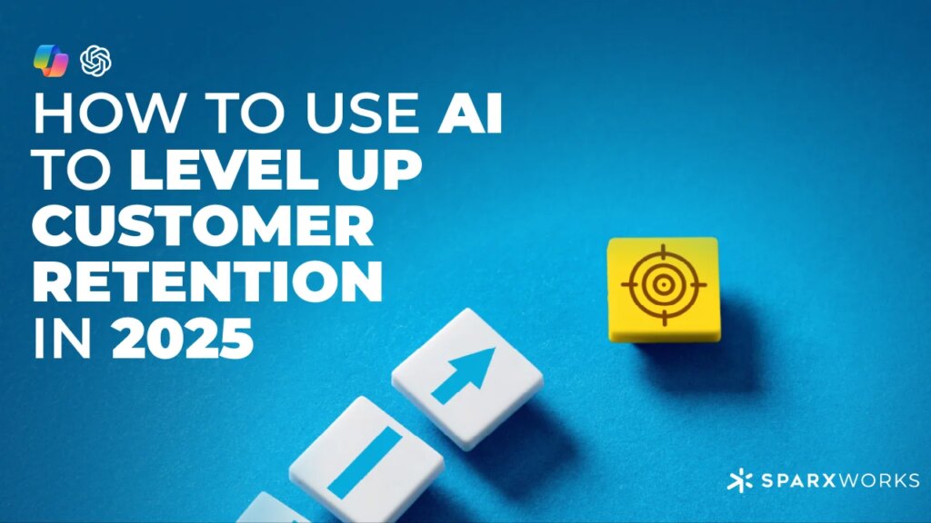 Text promoting AI for customer retention in 2025, featuring directional and target-themed blocks.
