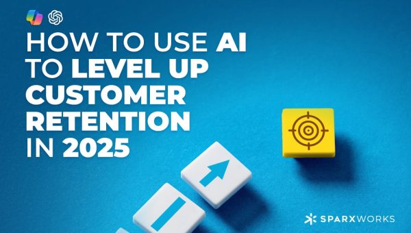 Text promoting AI for customer retention in 2025, featuring directional and target-themed blocks.