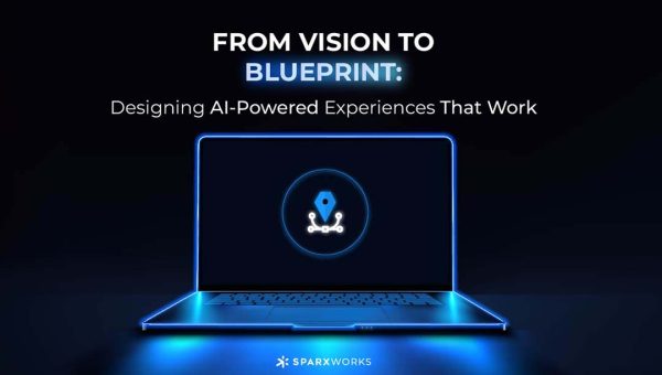 A portable neon computer with a bezier illustration and a desk in a dark room with blue lighting. Technological background with a laptop.