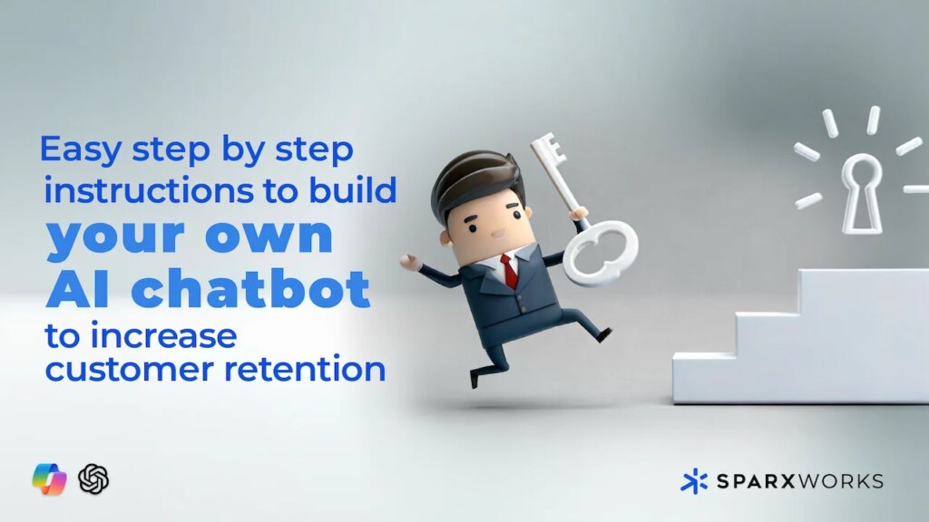 Cartoon businessman with key approaching staircase, symbolizing step-by-step guide to building AI chatbots.