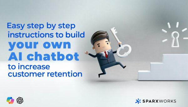 Cartoon businessman with key approaching staircase, symbolizing step-by-step guide to building AI chatbots.