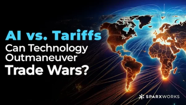 A dark-themed graphic with the title "AI vs. Tariffs: Can Technology Outmaneuver Trade Wars?" in bold text on the left, and a stylized, glowing world map on the right. The Sparxworks logo is in the bottom right corner.