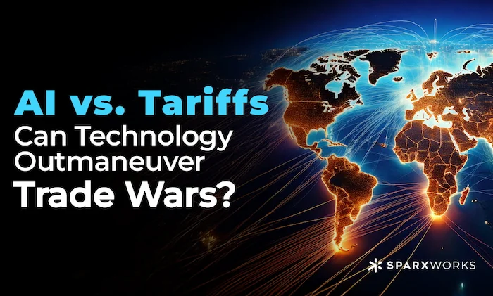 A dark-themed graphic with the title "AI vs. Tariffs: Can Technology Outmaneuver Trade Wars?" in bold text on the left, and a stylized, glowing world map on the right. The Sparxworks logo is in the bottom right corner.