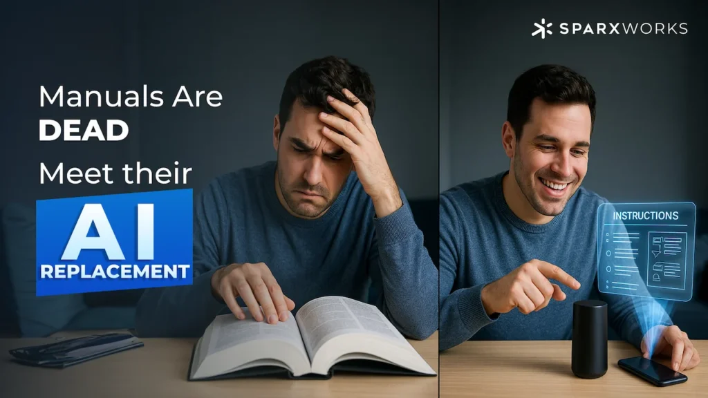 A frustrated man struggles with a manual, while a happier version uses an AI device displaying digital, holographic instructions instead.