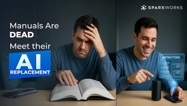 A frustrated man struggles with a manual, while a happier version uses an AI device displaying digital, holographic instructions instead.