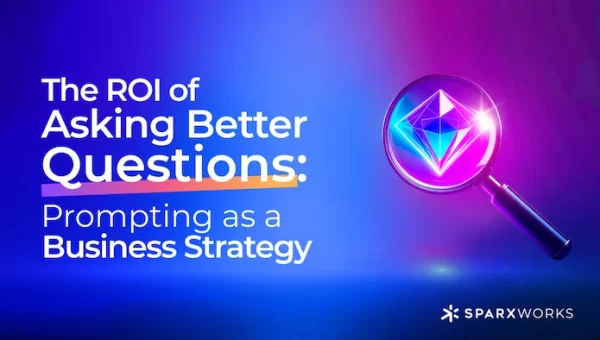Colorful graphic featuring a magnifying glass over a glowing gem, highlighting the value of better questions in business strategy.