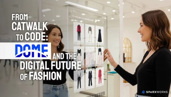 Smiling woman uses futuristic smart mirror to browse digital fashion outfits in a high-tech retail store.