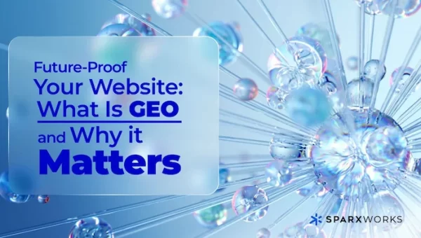 Abstract blue graphic with crystal-like spheres highlights GEO technology’s importance for future-proofing websites.