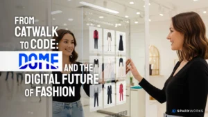 Smiling woman uses futuristic smart mirror to browse digital fashion outfits in a high-tech retail store.
