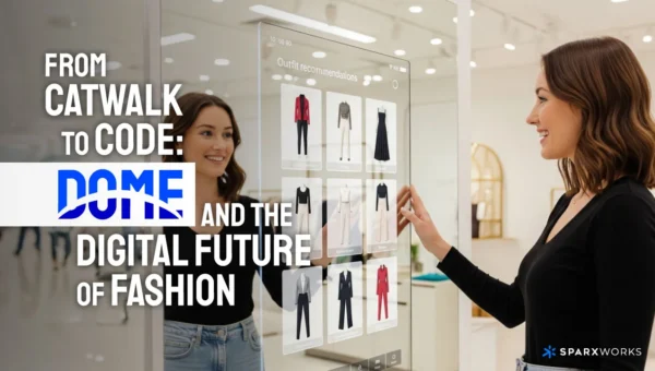Smiling woman uses futuristic smart mirror to browse digital fashion outfits in a high-tech retail store.