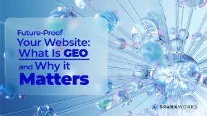 Abstract blue graphic with crystal-like spheres highlights GEO technology’s importance for future-proofing websites.