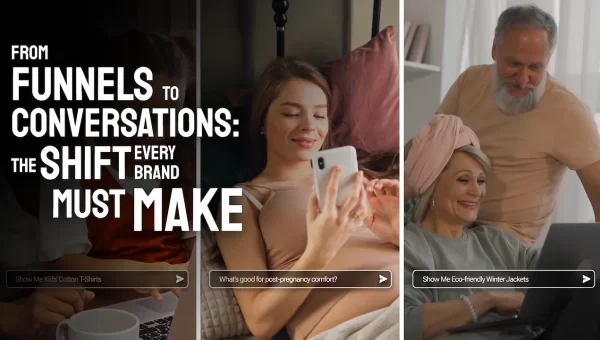 Text highlights digital marketing’s evolution, showing people happily engaging online through personalized, conversational shopping experiences.