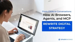 Woman using laptop with AI chat interface; text explains AI tools transforming digital strategy approaches.