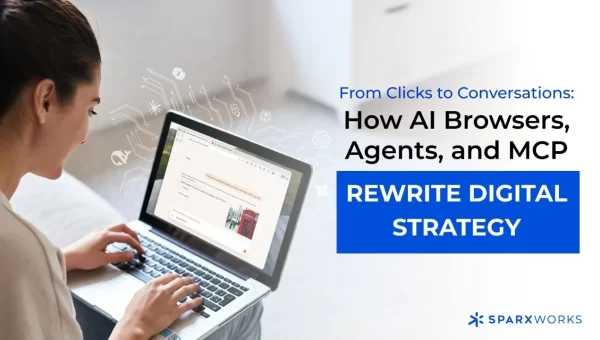 Woman using laptop with AI chat interface; text explains AI tools transforming digital strategy approaches.