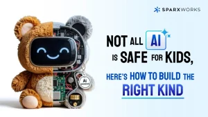 A half-plush, half-robot AI-powered teddy bear highlights child safety concerns with AI, urging thoughtful development.