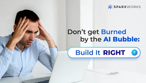 A frustrated man stares at his laptop; the text warns against AI hype and urges smart development.