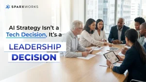 Business leaders meet around a conference table; text emphasizes AI strategy as leadership, not just technology decision.