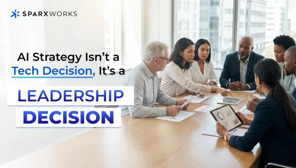 Business leaders meet around a conference table; text emphasizes AI strategy as leadership, not just technology decision.