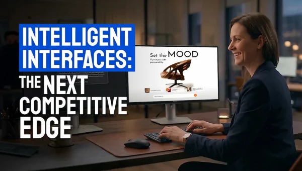 A professional woman works at a computer displaying a product interface, while bold text highlights “Intelligent Interfaces” as the next competitive edge in modern digital experiences.