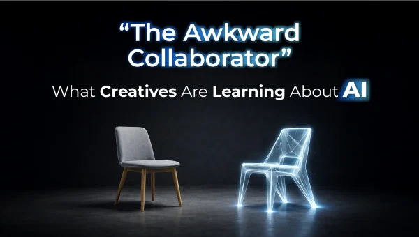 A real chair faces a glowing digital chair, symbolizing collaboration between humans and AI, with text highlighting creatives learning to work alongside artificial intelligence.